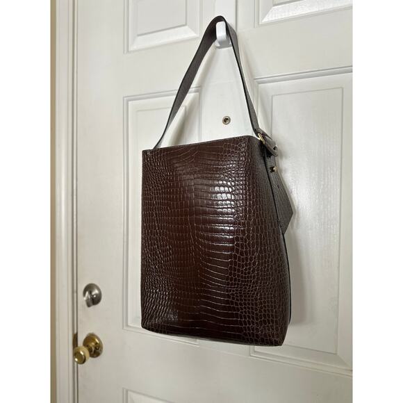 Banana Republic Vida Bag Croc Embossed Leather Shoulder Tote Brown Oversized - Picture 3 of 15